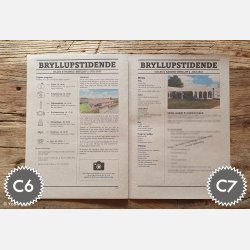 Detalje af bryllupsavis med billeder, citater og sjove indslag