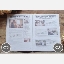 Indholdsside i bryllupsavis med minder og historier om brudeparret