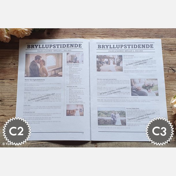 Indholdsside i bryllupsavis med minder og historier om brudeparret