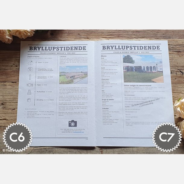 Detalje af bryllupsavis med billeder, citater og sjove indslag