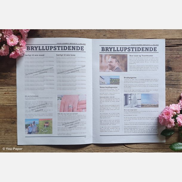 Indholdsside i bryllupsavis med minder og historier om brudeparret