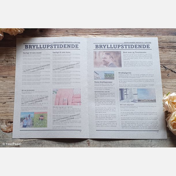Indholdsside i bryllupsavis med minder og historier om brudeparret
