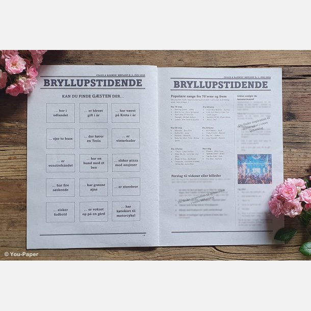 Detalje af bryllupsavis med billeder, citater og sjove indslag
