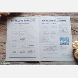 Detalje af bryllupsavis med billeder, citater og sjove indslag