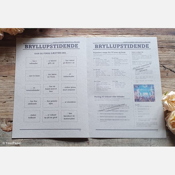 Detalje af bryllupsavis med billeder, citater og sjove indslag