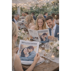 G�sterne sidder og l�ser bryllupsavisen ved bordene
