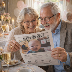 Bedstefor�ldre l�ser personlig d�bsavis til barned�b &ndash; stemningsbillede fra d�bsfest