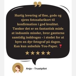 Kundeanmeldelse af Fotosafarikort - God service og hurtig levering, samt l�kker kvalitet af kortene - Anja, Trustpilot