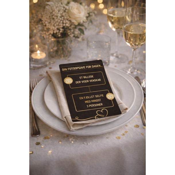 Fotosafarikort til fest med sjove fotoopgaver i sort og guld design, vist p� tallerken ved festligt opd�kket bord.