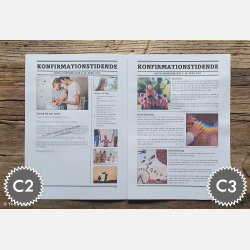 Opslag i konfirmationsavis med barndomsbilleder og personlige historier