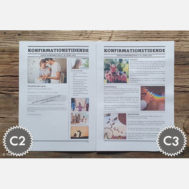 Opslag i konfirmationsavis med barndomsbilleder og personlige historier