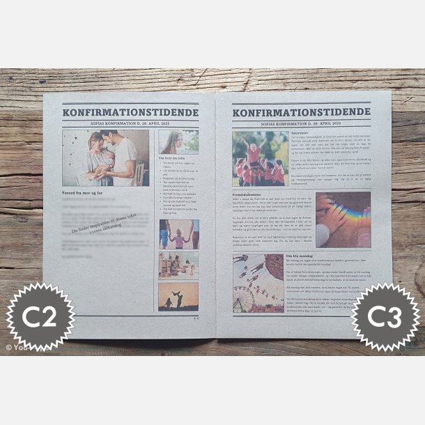 Opslag i konfirmationsavis med barndomsbilleder og personlige historier