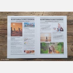 Opslag i konfirmationsavis med barndomsbilleder og personlige historier