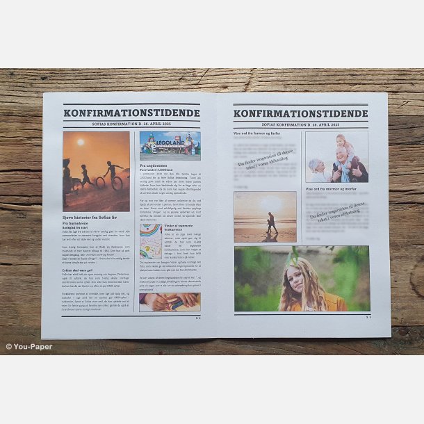 Opslag i konfirmationsavis med barndomsbilleder og personlige historier