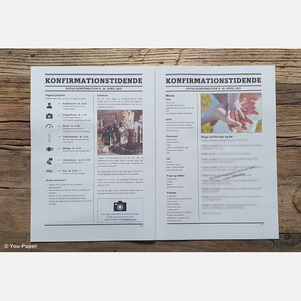 Layout af konfirmationsavis med tekst, billeder og citater