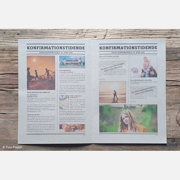 Opslag i konfirmationsavis med barndomsbilleder og personlige historier