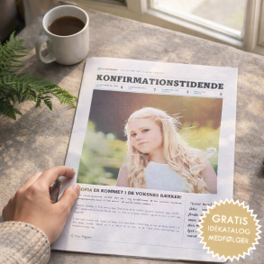 Personlig konfirmationsavis trykt p� eksklusivt papir &ndash; sjov og mindev�rdig bordunderholdning og gave til konfirmation