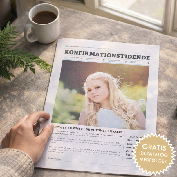 Personlig konfirmationsavis trykt p� eksklusivt papir &ndash; sjov og mindev�rdig bordunderholdning og gave til konfirmation