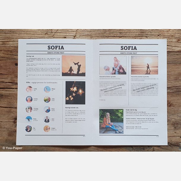 Layout af konfirmationsavis med tekst, billeder og citater