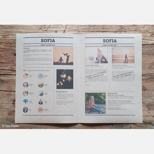 Layout af konfirmationsavis med tekst, billeder og citater