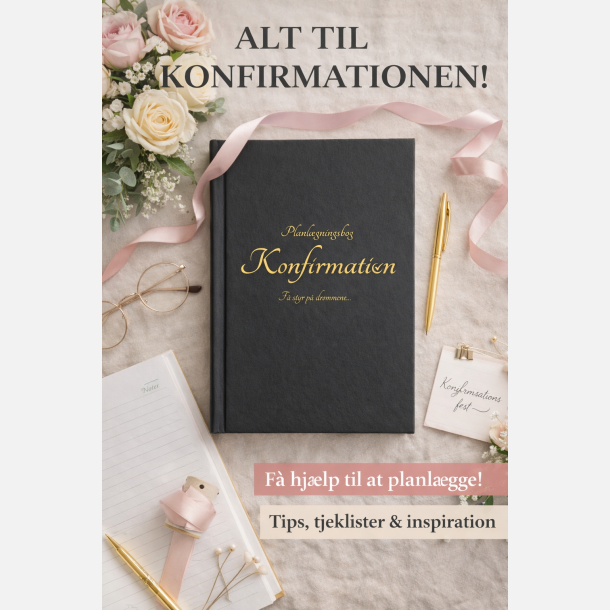 Forsiden af Planl�gningsbog Konfirmation, som hj�lper for�ldre med planl�gning til konfirmation gennem bl.a. huskeliste til konfirmation