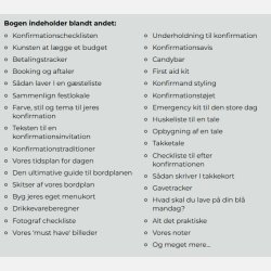Indholdsfortegnelse i konfirmationsplanl�gger med budget, g�steliste, invitationer og tidsplan