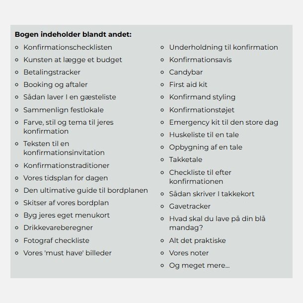 Indholdsfortegnelse i konfirmationsplanl�gger med budget, g�steliste, invitationer og tidsplan