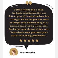 Kundeanmeldelse af Rejsetidende - 5 store stjerne skal I have. Jeg k�bte rejsetidene til vores datter i gave til hendes konfirmation. Virkelig et kanon fint produkt, nemt at arbejde med skabelonen og s� er servicen bare i top fra ejernes side. Det har jeg ogs� skrevet til dem selv. Vores datter samt g�sterne synes avisen var virkelig gennemf�rt. - Tina, Trustpilot