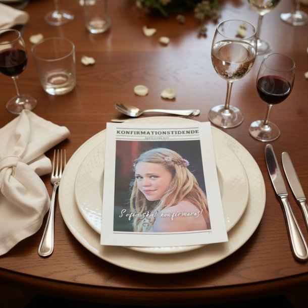 Konfirmationsavis ligger p� tallerknerne til konfirmationsfest